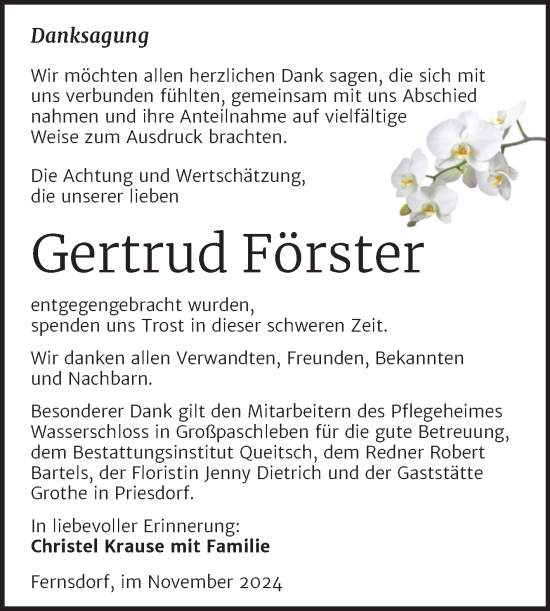 Traueranzeige von Gertrud Förster von Trauerkombi Köthen
