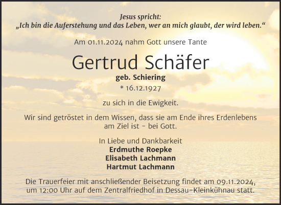 Traueranzeige von Gertrud Schäfer von Trauerkombi Dessau
