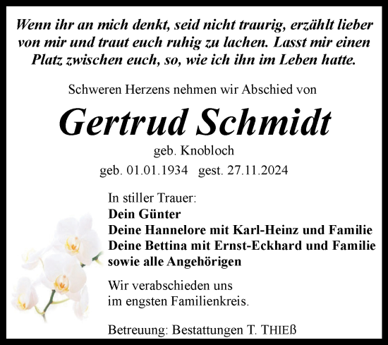Traueranzeige von Gertrud Schmidt von Volksstimme Wernigerode