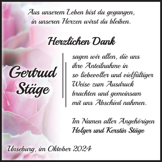 Traueranzeige von Gertrud Stäge von Volksstimme Staßfurt
