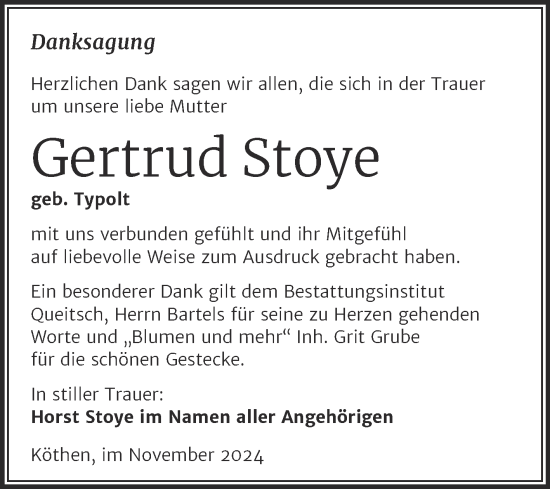 Traueranzeige von Gertrud Stoye von Trauerkombi Köthen