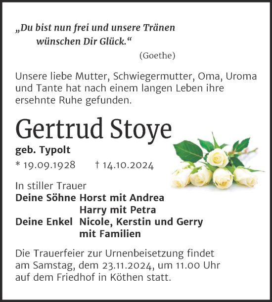 Traueranzeige von Gertrud Stoye von Trauerkombi Köthen