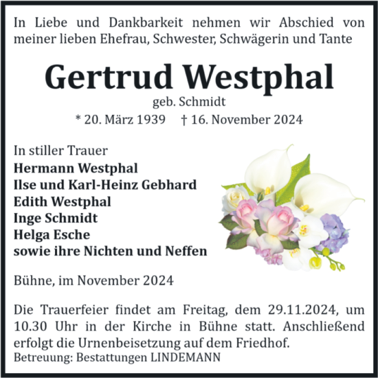 Traueranzeige von Gertrud Westphal von Volksstimme Halberstadt