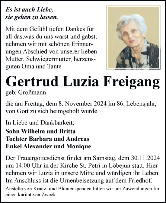 Traueranzeige von Gertrud Luzia Freigang von Mitteldeutsche Zeitung Halle/Saalkreis