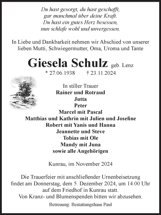 Traueranzeige von Giesela Schulz von Volksstimme Altmark West