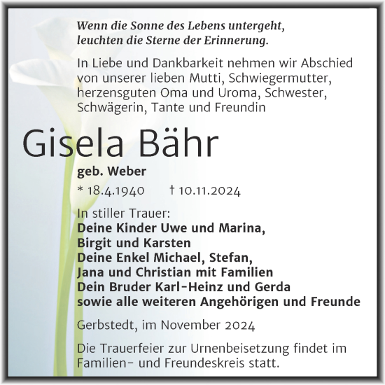 Traueranzeige von Gisela Bähr von Trauerkombi Mansfelder Land
