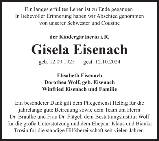 Traueranzeige von Gisela Eisenach von Volksstimme Wernigerode