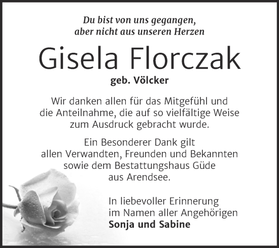 Traueranzeige von Gisela Florczak von Super Sonntag Sangerhausen