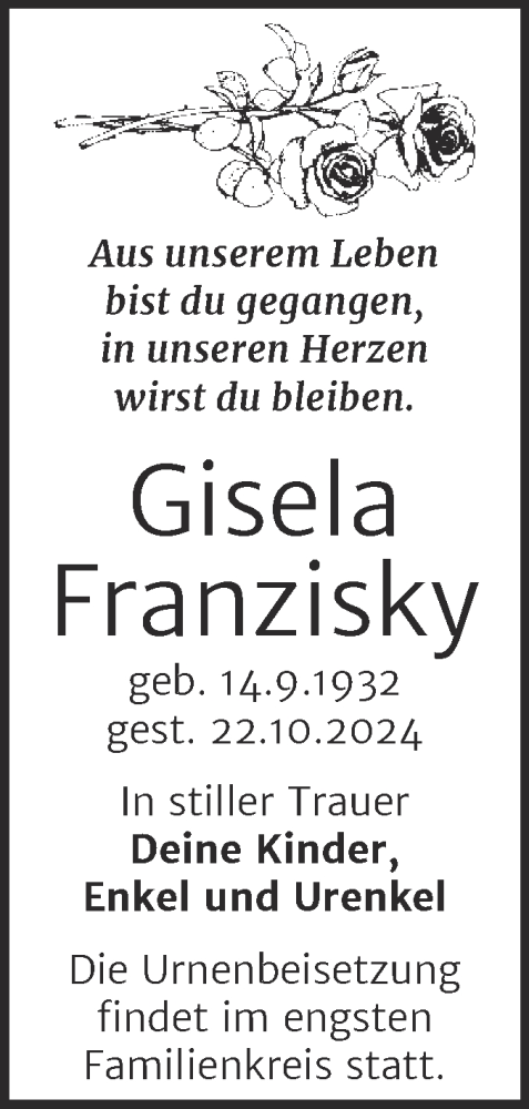 Traueranzeige von Gisela Franzisky von Trauerkombi Köthen