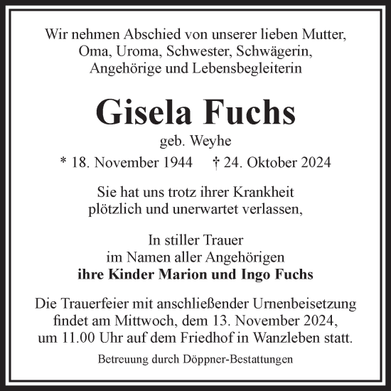 Traueranzeige von Gisela Fuchs von Volksstimme Oschersleben/Wanzleben