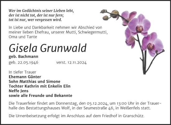 Traueranzeige von Gisela Grunwald von Trauerkombi Weißenfels