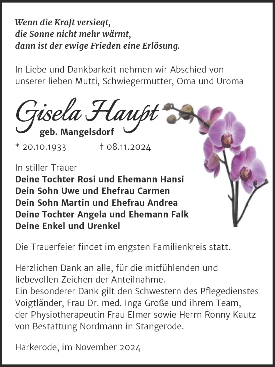Traueranzeige von Gisela Haupt von Trauerkombi Mansfelder Land