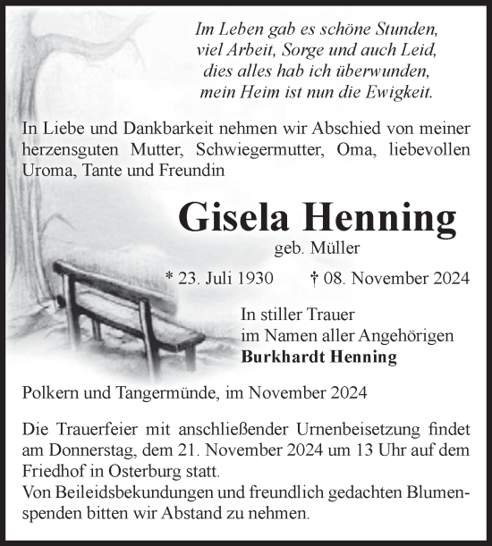 Traueranzeige von Gisela Henning von Volksstimme Altmark Ost