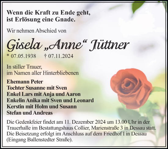 Traueranzeige von Gisela Jüttner von Trauerkombi Dessau