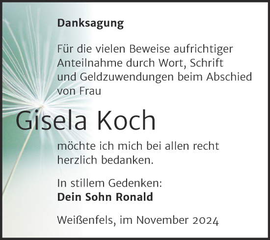 Traueranzeige von Gisela Koch von Trauerkombi Weißenfels