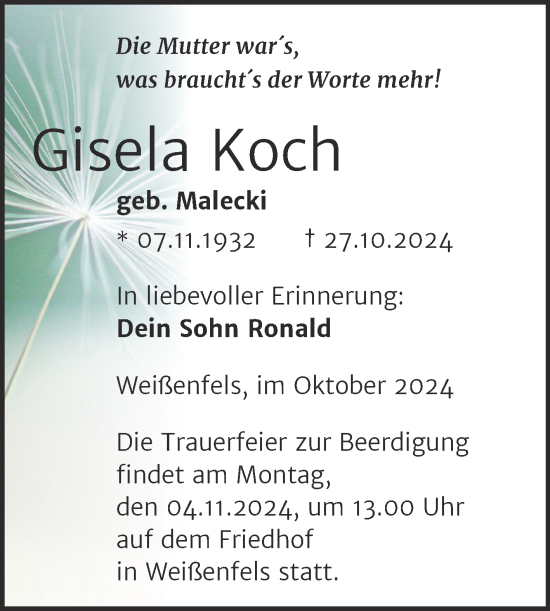 Traueranzeige von Gisela Koch von Trauerkombi Weißenfels