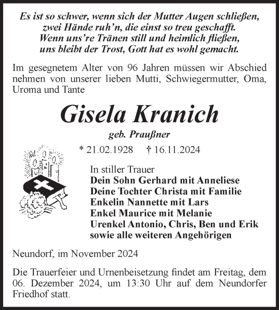 Traueranzeige von Gisela Kranich von Volksstimme Staßfurt