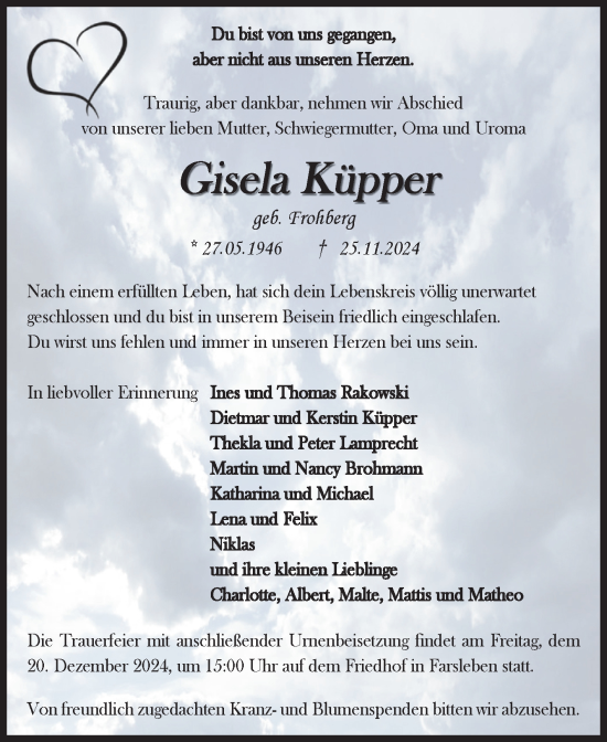 Traueranzeige von Gisela Küpper von Volksstimme Haldensleben/Wolmirstedt
