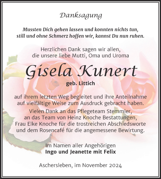 Traueranzeige von Gisela Kunert von Trauerkombi Aschersleben