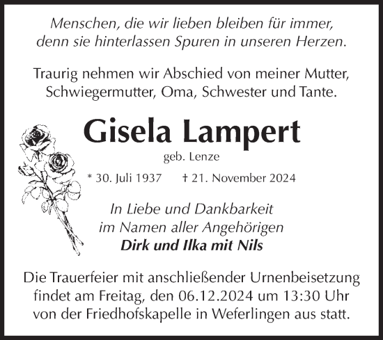 Traueranzeige von Gisela Lampert von Volksstimme Haldensleben/Wolmirstedt