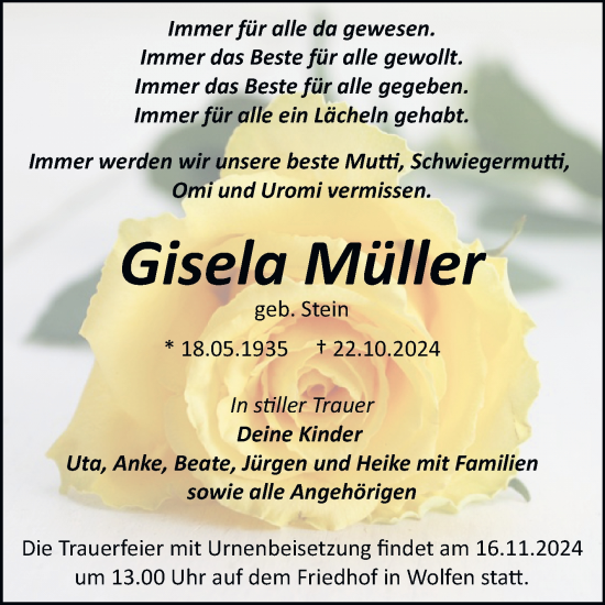 Traueranzeige von Gisela Müller von Trauerkombi Bitterfeld