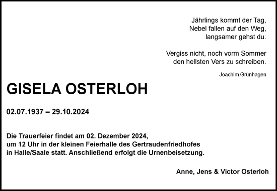 Traueranzeige von Gisela Osterloh von Mitteldeutsche Zeitung Halle/Saalkreis