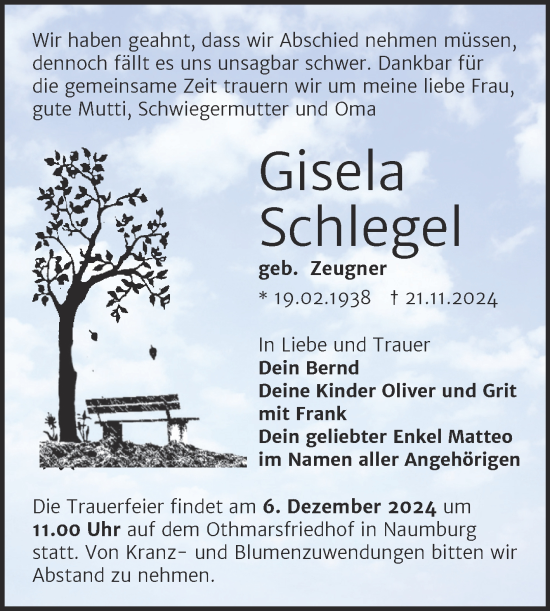 Traueranzeige von Gisela Schlegel von Super Sonntag Naumburg/Nebra