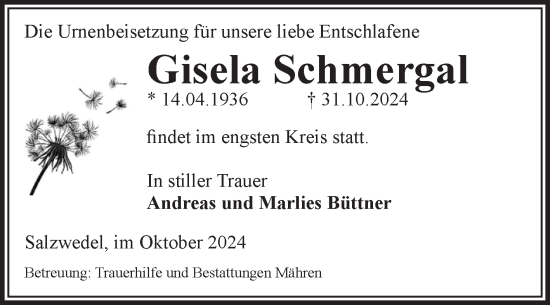 Traueranzeige von Gisela Schmergal von Volksstimme Altmark West