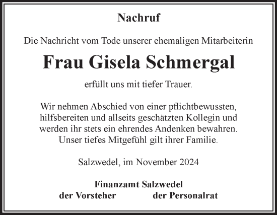 Traueranzeige von Gisela Schmergal von Volksstimme Altmark West
