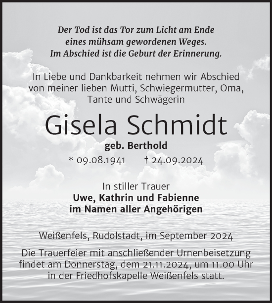 Traueranzeige von Gisela Schmidt von Trauerkombi Weißenfels