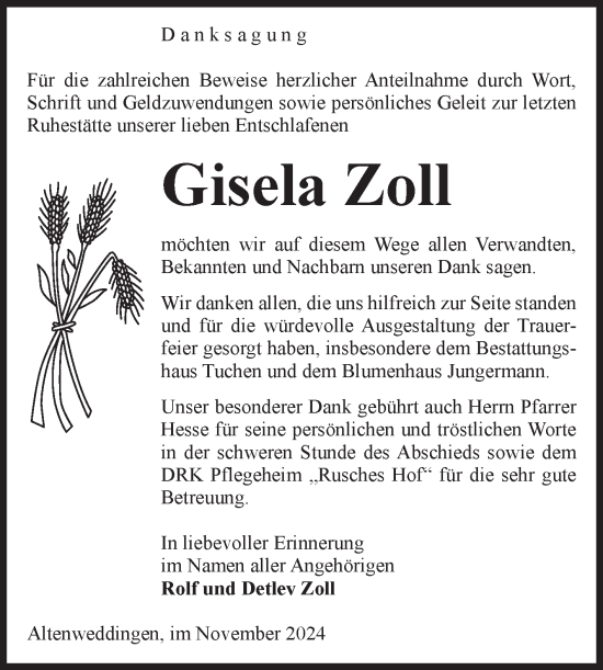 Traueranzeige von Gisela Zoll von Volksstimme Oschersleben/Wanzleben