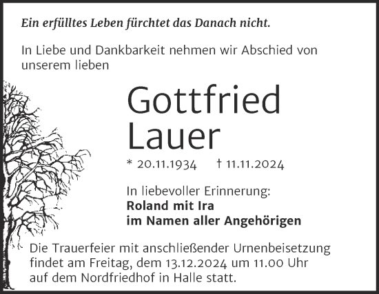 Traueranzeige von Gottfried Lauer von Mitteldeutsche Zeitung Halle/Saalkreis
