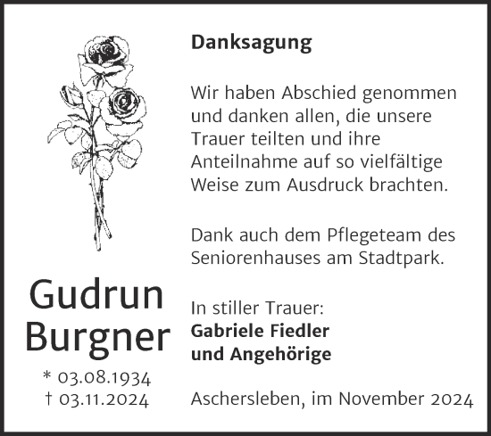 Traueranzeige von Gudrun Burgner von Trauerkombi Aschersleben