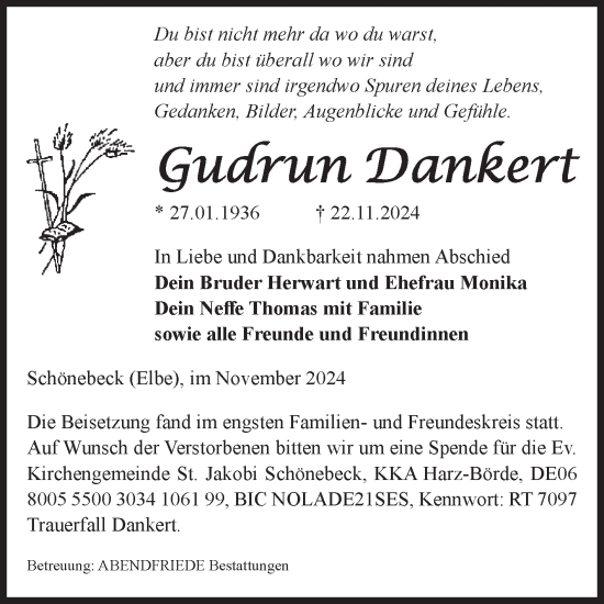 Traueranzeige von Gudrun Dankert von Volksstimme Schönebeck