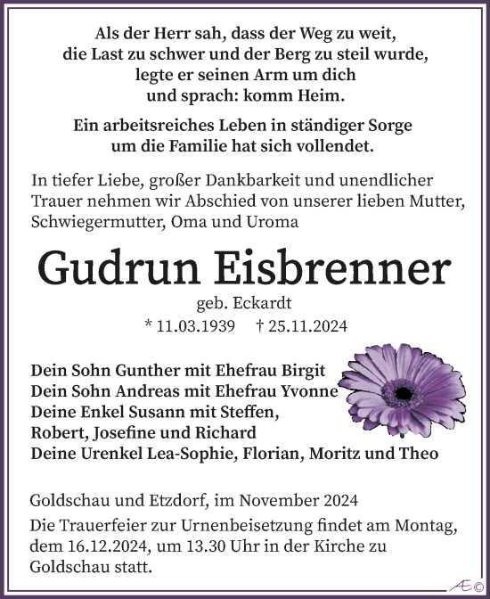 Traueranzeige von Gudrun Eisbrenner von Trauerkombi Zeitz