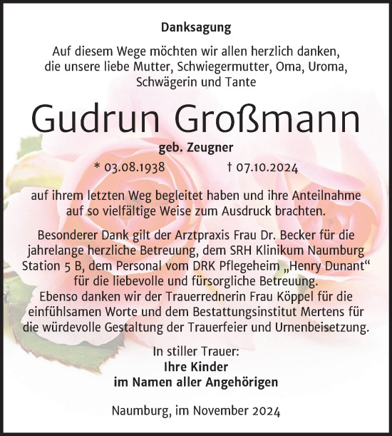 Traueranzeige von Gudrun Großmann von Naumburger Tageblatt