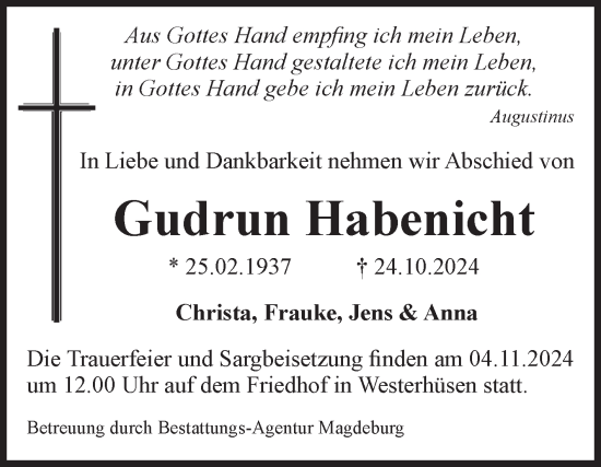 Traueranzeige von Gudrun Habenicht von Volksstimme Magdeburg