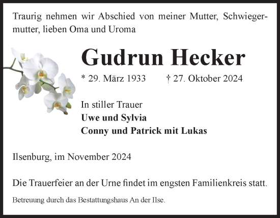 Traueranzeige von Gudrun Hecker von Volksstimme Wernigerode