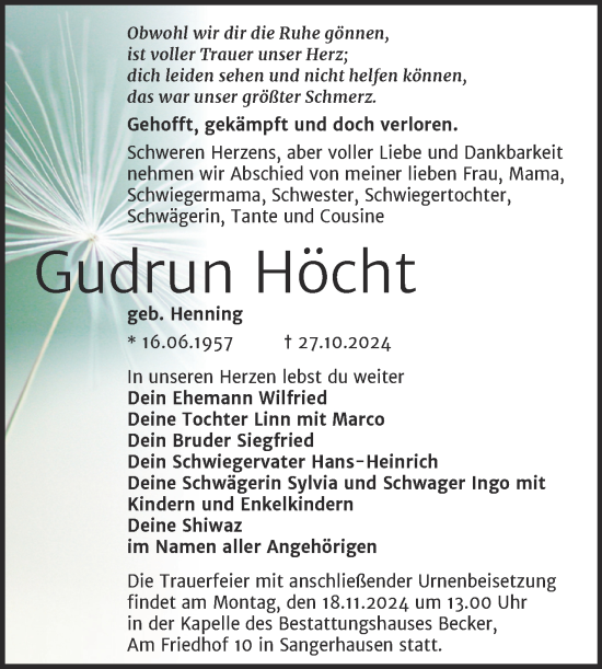 Traueranzeige von Gudrun Höcht von Trauerkombi Sangerhausen