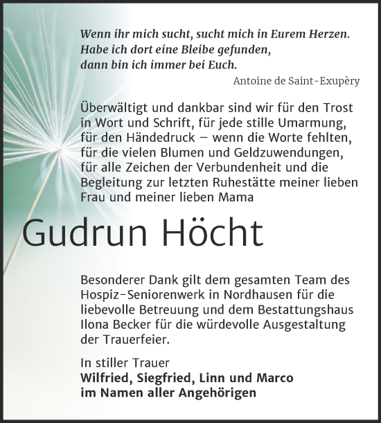 Traueranzeige von Gudrun Höcht von Trauerkombi Sangerhausen