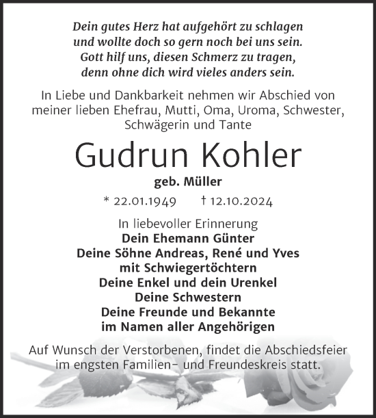 Traueranzeige von Gudrun Kohler von Trauerkombi Köthen