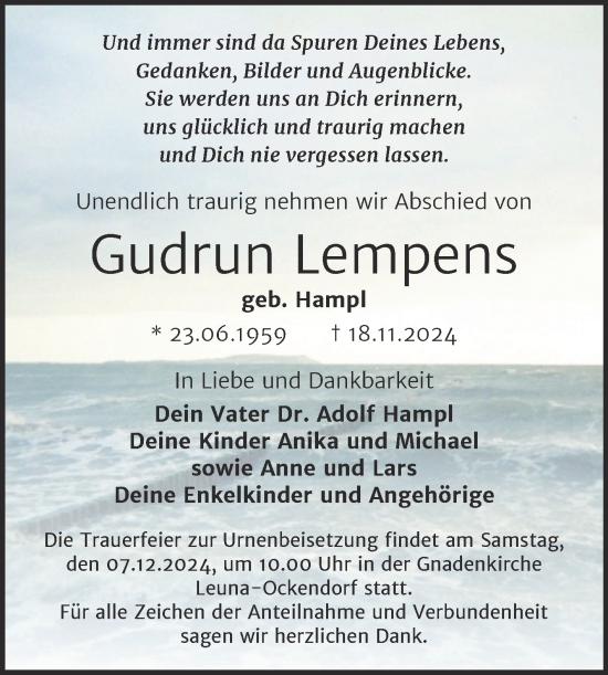 Traueranzeige von Gudrun Lempens von Trauerkombi Merseburg