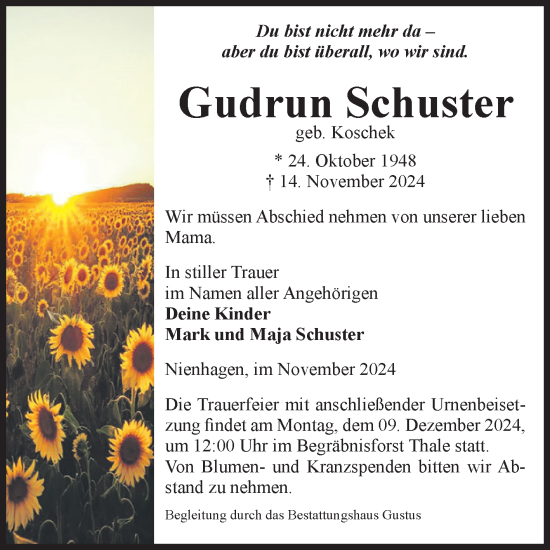 Traueranzeige von Gudrun Schuster von Volksstimme Halberstadt