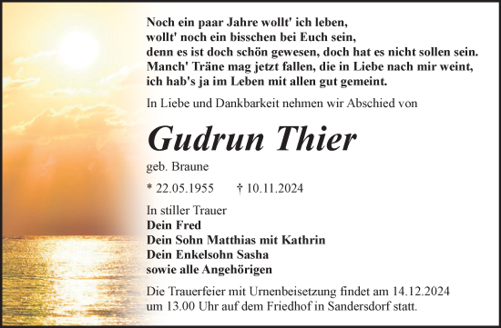 Traueranzeige von Gudrun Thier von Trauerkombi Bitterfeld