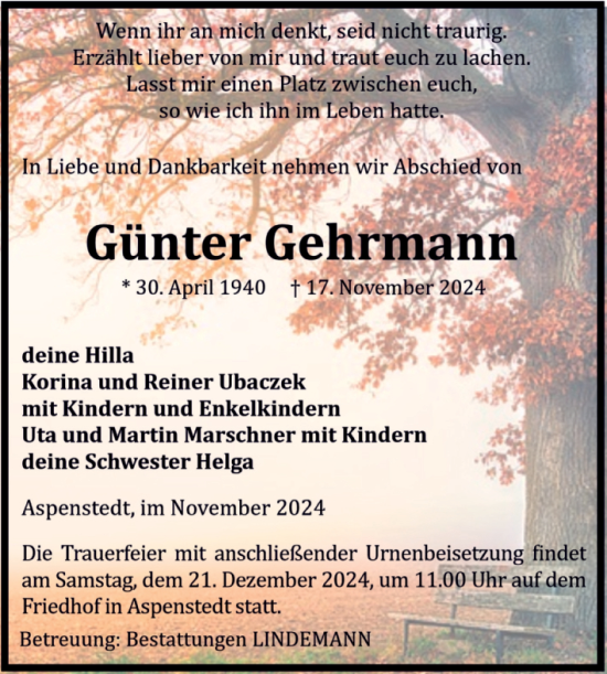 Traueranzeige von Günter Gehrmann von Volksstimme Halberstadt
