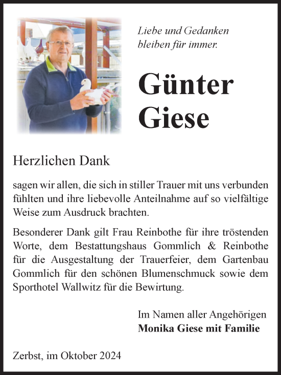 Traueranzeige von Günter Giese von Volksstimme Zerbst