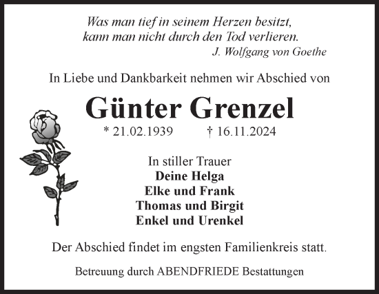 Traueranzeige von Günter Grenzel von Volksstimme Magdeburg
