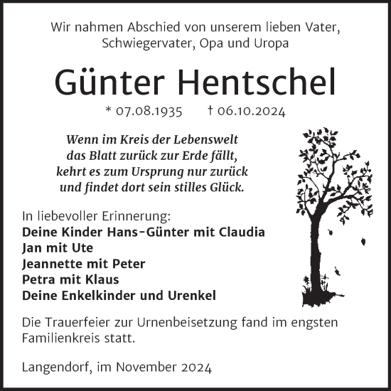 Traueranzeige von Günter Hentschel von Trauerkombi Weißenfels