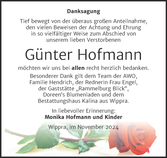 Traueranzeige von Günter Hofmann von Trauerkombi Mansfelder Land