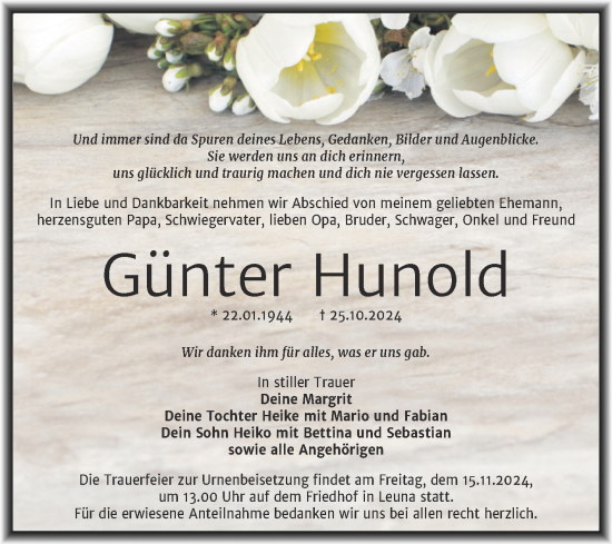 Traueranzeige von Günter Hunold von Trauerkombi Merseburg
